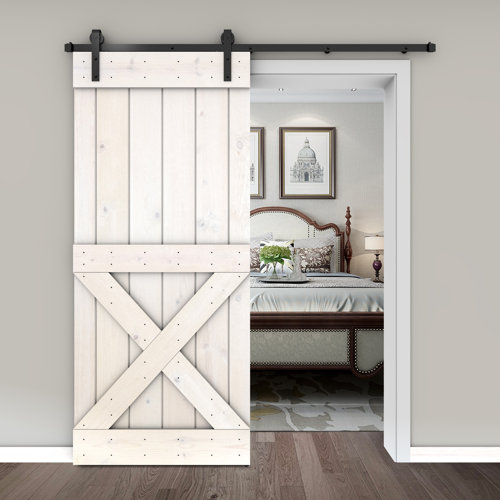 Paneled Manufactured Wood Painted Knotty Barn Door With Installation Hardware Kit 
